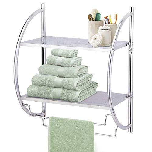 Image of Taylor & Brown 2 Tier Modern Chrome Wall Mounted Curved Bathroom Shelf Shelving Unit With Double Towel Holder Storage Rail Rack - W44 x D25 x H54.5cm