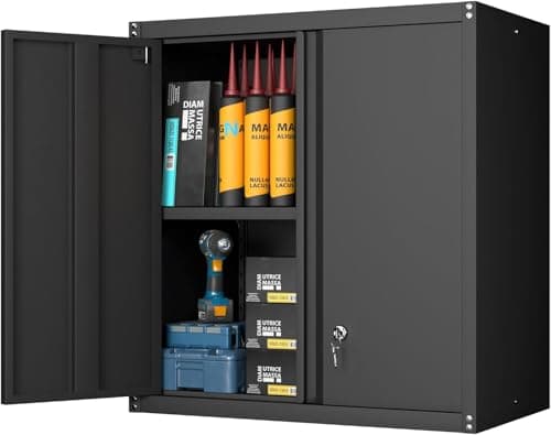 Image of GREATMEET Metal Wall Cabinet, Wall Mounted Storage Cabinet with Lock for Garage Storage, Floating Cabinets with Doors and Adjustable Shelf for Utility Room, Black