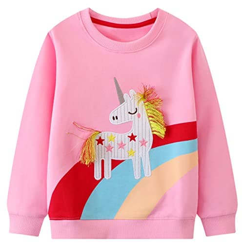 Image of FILOWA Sweatshirt Girls Cotton Sweater Horse Rainbow Flower Stars Appliqué Embroidery Sweaters Kids Pink Jumper Long Sleeve Warm Pullover Casual Sports Spring Autumn Winter Top for Children 3-4 Years
