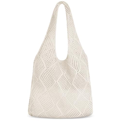 Image of Aucuu Women Knitted Handbags, Retro Hollow Woven Shoulder Bags, Boho Shoulder Bag, Crochet Mesh Tote Bag, Beach Bag for Women, Travel Shopping Handbag for Holiday, Daily Work, Shopping, Travel-White