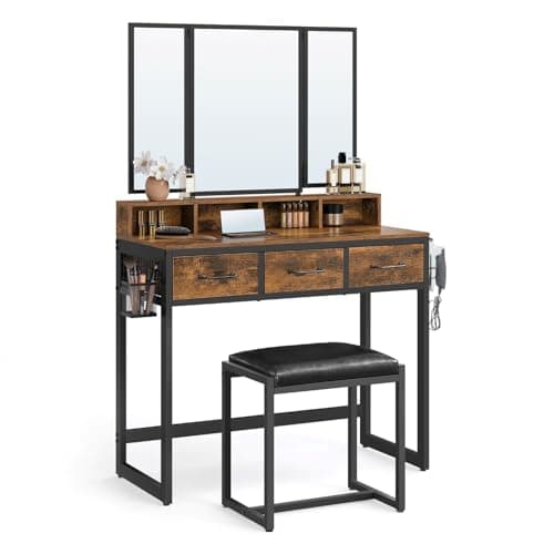 Image of VASAGLE Dressing Table with Mirror and Stool, Vanity Table with Tri-Fold Mirror, 3 Drawers, Hair Dryer Holder, Makeup Desk, Industrial Style, Rustic Brown and Black RVT004B01