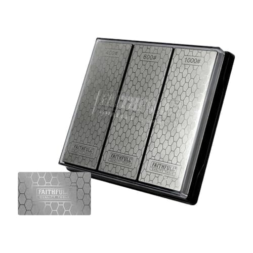 Image of Faithfull Diamond Whetstone Kit, Three-grit Diamond Sharpening Set with Base and Credit Card Sharpener, 70 x 200mm Stones