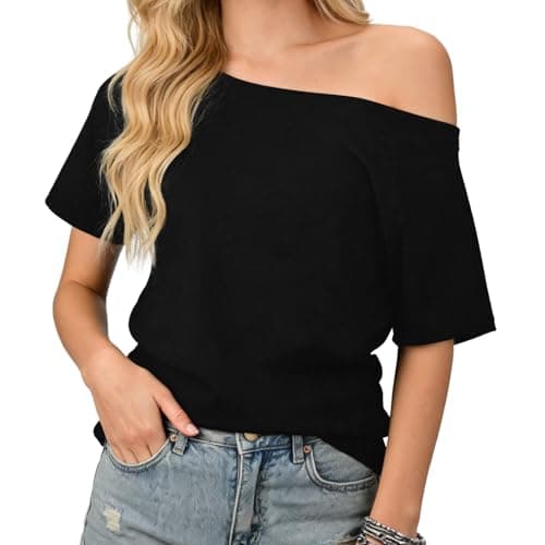Image of ZUIMEIHQH Off The Shoulder Tops for Women, Black Off the Shoulder Top Short Sleeve T Shirts Asymmetrical Tops Summer Fashion Clothes (UK, Alpha, M, Regular, Regular, Black)