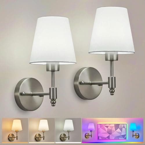 Image of HARPER LIVING Battery Operated Wall Lights Set of 2, Fabric Shade Sconce with Remote & 3CCT 9 RGB Colours Dimmable Rechargeable Bulbs, Wireless Wall Lamps for Bedroom Living Room (Satin Nickel)
