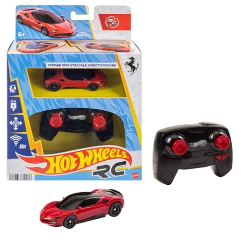 Image of Hot Wheels RC Toy Car, Remote-Control Ferrari SF90 Stradale Assetto Fiorano in 1:64 Scale, Race On- and Off- Track, Booster Button for Speed, JGD09