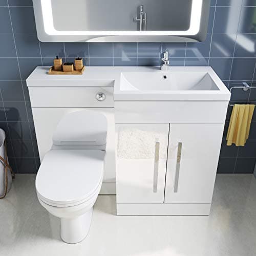 Image of ELEGANT 1100mm Right Hand High Gloss White Vanity Unit & Back to Wall Toilet Unit with Ceramic Toilet & Basin