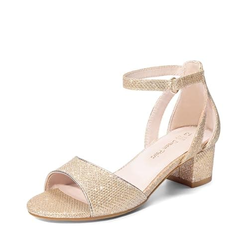 Image of DREAM PAIRS Girls Sandals Chunky Pump Ankle Strap High Heels Dress Open Toe Flower Wedding Party for Little Big Kid,Size 3 Big Kid,Gold,KKUMHS2505