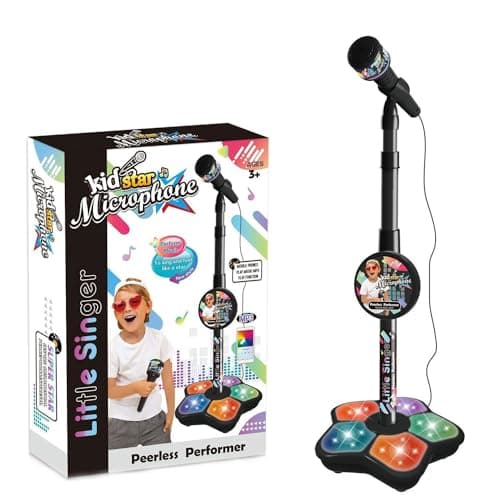 Image of Kids Microphone and Stand, Stand Up Microphone Kids, Childrens Karaoke Machine with Lights, Kids Karaoke Machines for Girls, Girls Party Pastime, Sing Musical Toy with Flashing Stage Lights (Black)