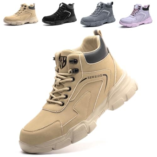 Image of Bawalon Safety Boots Mens Womens Work Boots with Steel Cap, Lightweight Water Resistant Non-Slip Safety Shoes Khaki UK 8 (EU 42)
