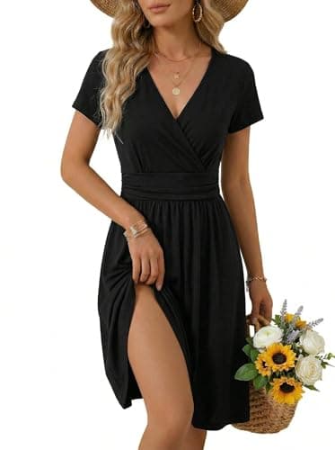 Image of OUGES Women's Summer Short Sleeve V-Neck Floral Casual Ladies Dress with Pockets(Black,M)