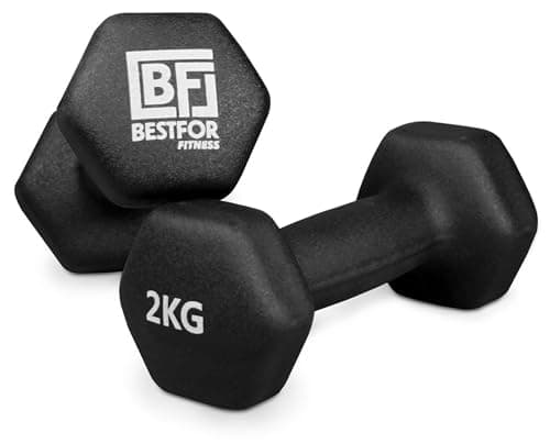 Image of Bestfor Pair Hex Anti Roll Non Slip Neoprene Dumbbell Weights For Exercise, Fitness, Workouts, Lifting with Exercise Chart 2kg