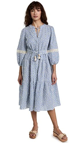 Image of Shoshanna Women's Embroidered Umbrella Midi Dress Casual, Chambray Blue/Sand, L