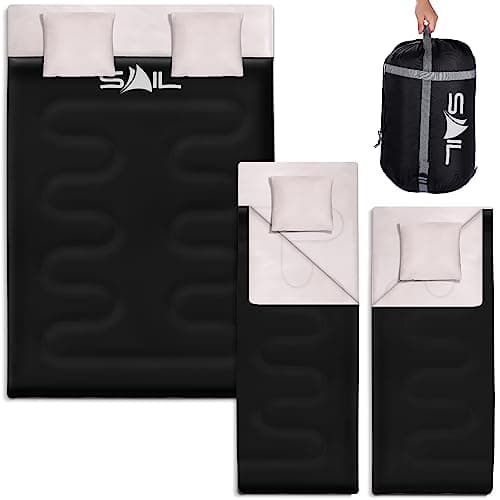 Image of SAIL 3-4 Season Double Sleeping Bag with 2 Pillows - 2-in-1 King Size or 2 Single Person, 250GSM Design, Lightweight Waterproof Polyester - Professional Hiking, Camping & Backpacking Gear - Black