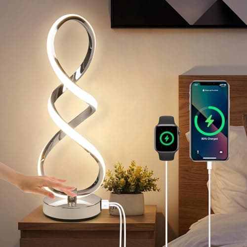 Image of EIDISUNY Modern LED Table Lamp, 3 Color Temperatures,Touch Control, Silver Spiral Dimmable Bedside Table Lamp with USB Ports, Touch Control LED Nightstand Lamp, Desk Lamp for Living Room,Bedroom