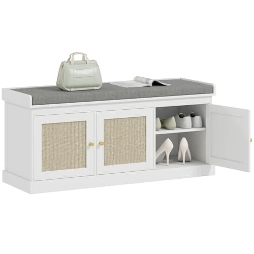 Image of HOMCOM Shoe Bench with Storage, Boho Entryway Bench with Woven Rattan Doors, Adjustable Shelves and Padded Cushion, Holds up to 9 Pairs of Shoes, for Bedroom, Living Room, 105 x 35 x 47 cm, White
