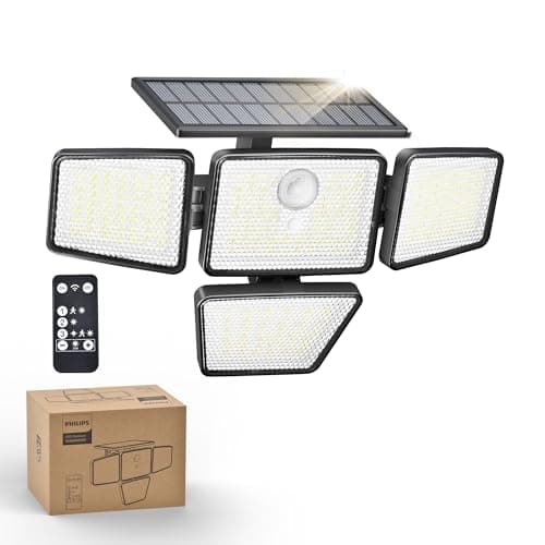 Image of Philips Solar Security Light Outdoor, 196 LED Wall-Mounted Flood Light w/PIR Motion Sensor, 3 Modes, 4 Adjustable Heads Solar-Powered Floodlights with Remote Control, IP65 Waterproof