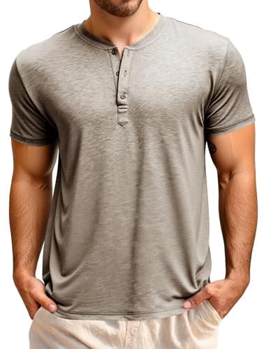 Image of Runcati Men's Short-Sleeved Henley Shirt Summer Regular Fit Tops Men Crew Neck Plain Basic Shirt Casual Tee Tops with Button Placket, khaki, XL