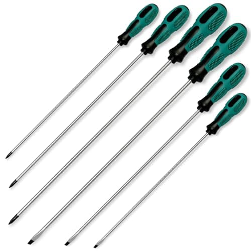 Image of WAIZHIUA 6 Piece Long Screwdriver Set - 3 Flat & 3 Cross Heads with Extra Long Reach (3 Sizes), Professional Magnetic Slotted Phillips Screwdrivers, Ergonomic Soft Grip Handles