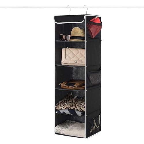 Image of plastific 5 Tier Hanging Wardrobe Storage Shelf Organiser Breathable Closet Pockets Unit Cupboards Shelves Foldable for Clothes Sweaters Shoes Accessories (5 Tier Hanging Storage - Black)