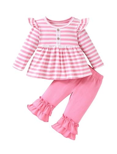 Image of CUGOGO Baby Girl Clothes Toddler Girl Fall Outfit Long Sleeve Ruffle Shirt Cute Pant Clothing Sets,Pink Stripes,18-24 Months