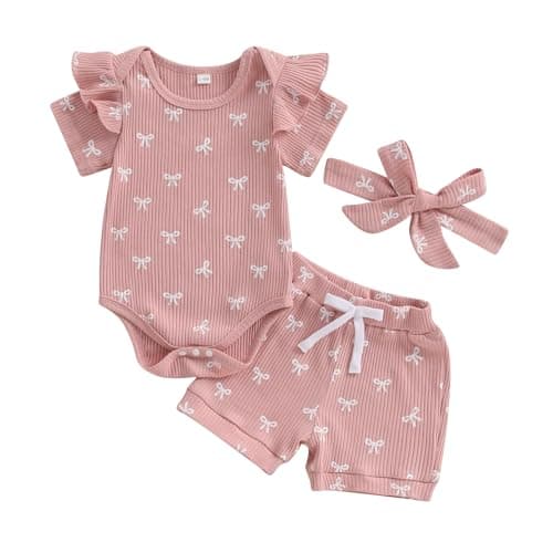 Image of XIXIMAON Baby Girl Summer Outfits Ruffle Short Sleeve Crew Neck Romper Elastic Waist Shorts Headband 3pcs Bow Print Newborn Ribbed Cotton Clothes (Pink, 3-6 Months)