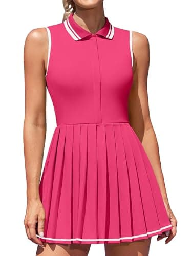 Image of ATTRACO Women's Polo Dress Tennis Dress with Shorts and Built in Bra Tennis Skirts with Pockets Workout Dresses Rose XL