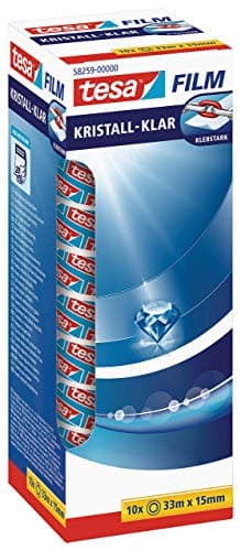 Image of tesafilm Crystal-Clear Adhesive Tape - High Transparency, Age Resistant Office Tape with Strong Adhesion, 33 m x 15 mm - Pack of 10