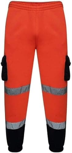 Image of Hi Vis Jogging Bottoms High Visibility Combat Cargo Thick Brush Fleece Trousers Reflective Tape Safety Work Wear Elasticated Waist Joggers Sweat Jog Tracksuit (Orange Black,L)