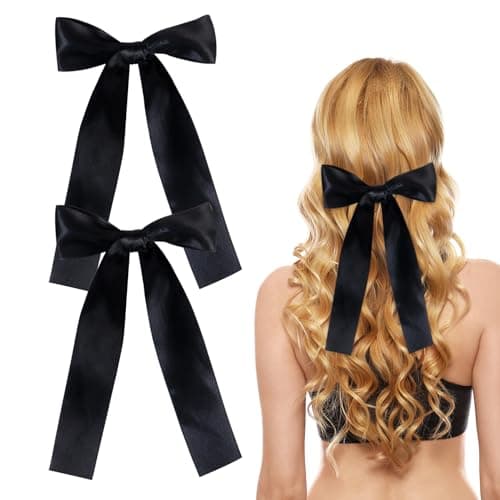 Image of 2 Pack Hair Bows for Girls and Women, Large Bow Hair Clips Hair Barrette with Long Silky Satin, Black Hair Accessories for Girls(Black)
