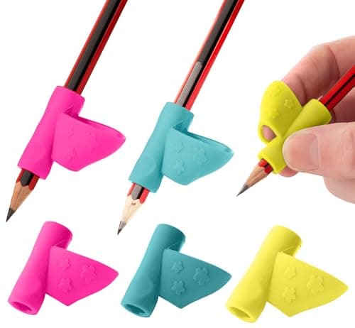 Image of Stylo 3 Pack Pencil Grips for Children Handwriting, Multi-Color Designs, Assorted - For Left and Right Handed Children - Comfortable Writing Aid for Improving Handwriting (Pink, Sea Green, Yellow)