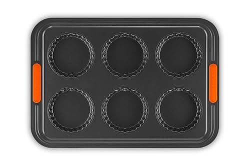 Image of Le Creuset Non-Stick Carbon Steel Fluted Tart Tin Tray 6 Cup, Forged Aluminium, Black, 46055000010000