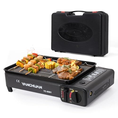 Image of Warmiehomy Camping Stove, Portable Butane Gas Stove, Tabletop Gas Barbecue Stoves Grill, Detachable Grill Dish & BBQ Net, Outdoor/Indoor Camping Stoves with Carrying Case