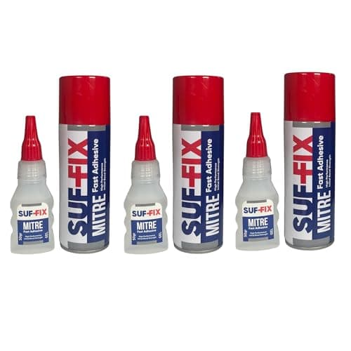 Image of SUF-FIX 3x Mitre Adhesive Spray and Gel Two-Unit Kit | 50g Adhesive 200ml Activator Spray Instant Gluing | Fast Adhesives Kit for Wood, Glass, Plastic, Leather, Metals (Clear, Pack of 3)