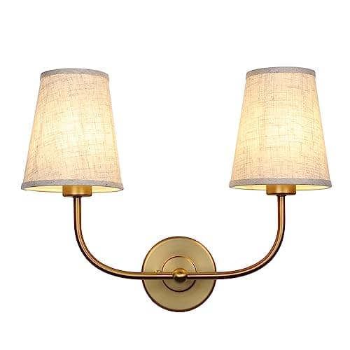Image of JIMUBEAM 2-Lights Wall Light Sconces with Funnel Linen Fabric Shades, Antique Double Light Wall Lamps for Bedroom Living Room Vanity Bathroom Hallway Stairway