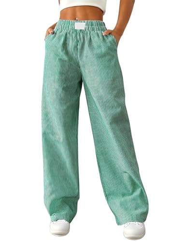 Image of Rapbin Women's Stripe Lounge Pants Cotton Spring Sleep Stretch Casual Trousers with Pockets Green-White