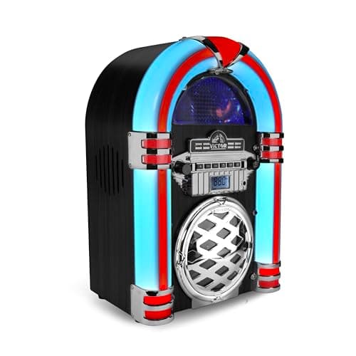 Image of Victor VDTJ-1550 Broadway Desktop Bluetooth CD Jukebox Speaker with FM Radio, Multicolor LED Lighting, and Aux Input – Perfect for Retro-Style Music Streaming and Ambient Lighting