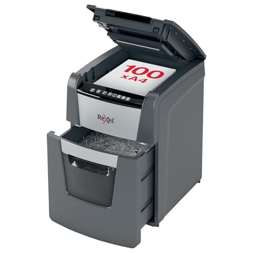 Image of Rexel Optimum Auto Feed+ 100 Sheet Automatic Cross Cut Paper Shredder, P-4 Security, Home/Home Office, 34 Litre Removable Bin, 2020100X, Black