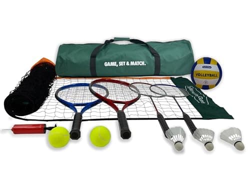 Image of 3-in-1 Badminton, Volleyball & Tennis Set with 3 m Adjustable Net, 2 Badminton Rackets, 2 Tennis Rackets, Shuttlecocks, Tennis Balls, Volleyball, Pump & Carry Bag