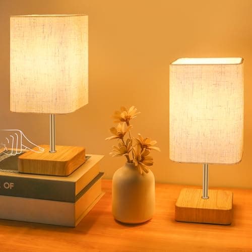 Image of Jayencer Touch Control Table Lamp, Dimmable Nightstand Lamp, Bedside Touch Lamp with Wood-Grain Base ＆ Beige Fabric Shade for Bedroom, Living Room, Children's Room, Bulb Included, 2Pack
