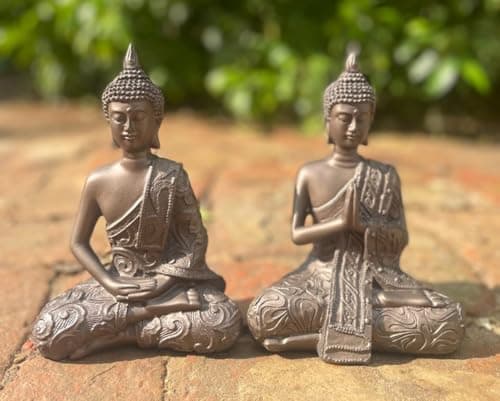 Image of 2 Mystic Thai Buddha Ornaments - Set of Two in Both a Lotus and Meditating Pose - A Beautiful Tranquil Pair of 19cm Tall Ornaments in Cold Cast Solid Bronze Colour Resin for Your Home or Garden!