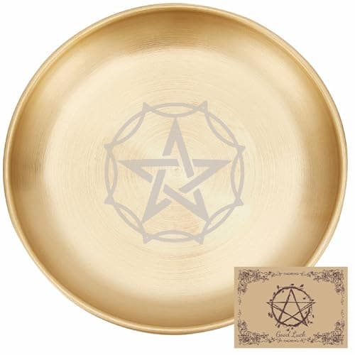 Image of CREATCABIN Star Pentagram Ritual Plate Stainless Steel Golden Offering Bowl Flat Round Tray Offering Bowl Candle Holder Jewelry Dish for Smudging Incense Burner Meditation 5.55Inch