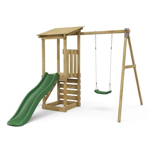 Image of Rebo Wooden Climbing Frame Tower with Swing & 6ft Slide, Green Limited Edition Kids Outdoor Playset with Climbing Wall & Ladder | Kids' Outdoor Wooden Play Equipment Accessories Included