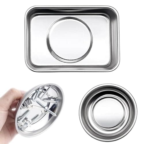 Image of 2 PCS Magnetic Tray, Magnetic Parts Tray Set for Mechanics and DIY, Stainless Steel Magnetic Screw Tray with Strong Hold, Round and Rectangle Tool Trays (10cm Dia, 9.2x6.5cm)