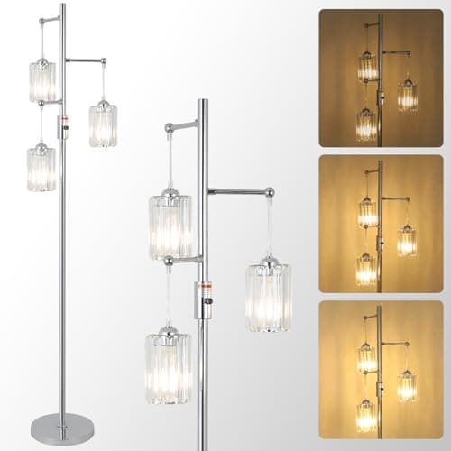 Image of Rayofly Dimmable Floor Lamps for Living Room, 3-Lights Crystal Standing Lamps for Living Room, Chrome Floor Lamp with Glass Lampshades, Modern Floor Lamp for Bedroom, Standard Tall Lamps for Office