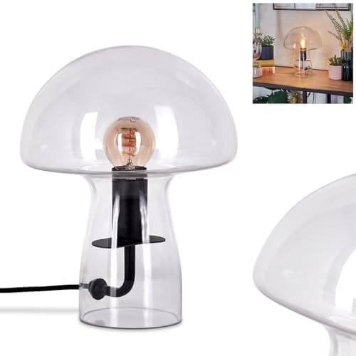 Image of HOFSTEIN Table Light Moruja, Metal/Glass Table lamp, Black/Chrome/Smoke, Modern Vintage/Retro Design lamp, Glass lamp Shade, on/Off Switch on the Cable, E27, Bedroom, Office, workspace, Living Room