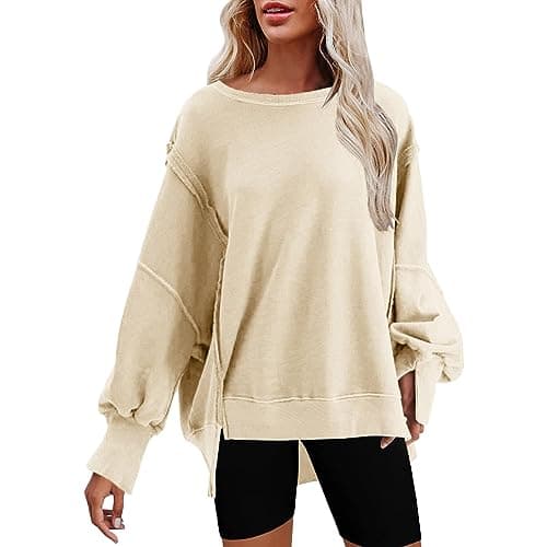 Image of Womens Oversized Crewneck Solid Color Sweatshirt Side Slit Long Sleeve Pullover Slouchy Fit Tops 𝐄ssential Sweatshirt Oversized Sweatshirt Woman (Beige, S)