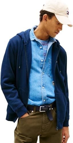 Image of Tommy Jeans Men's Tjm Reg S Flag Zip Fleece Thru Dm0dm20743 Zip Through Hoodie, Blue (Dark Night Navy), L