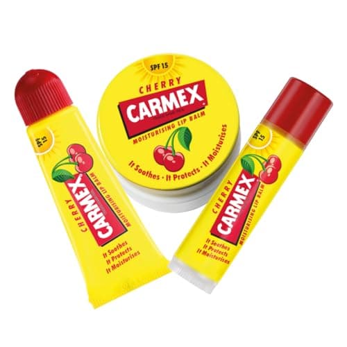 Image of Carmex Cherry Lip Balm Set – Hydrating Summer Lip Care with SPF 15 | Stick, Pot & Tube | Smooth & Soothe Lips All Season | Travel-Friendly (3-Pack)