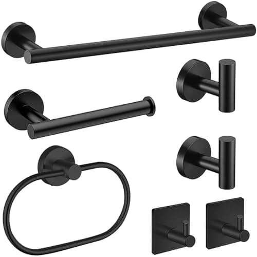 Image of 7-Piece Bathroom Accessories Set, Black Towel Rail Bathroom Hardware Set, SUS304 Stainless Steel Bathroom Accessory Includes Black Towel Rail, Toilet Roll Holder, Towel Ring, and Wall Hooks