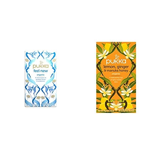 Image of Pukka Feel New, Organic Herbal Tea with Aniseed, Fennel & Cardamom (4 Pack, Total 80 Tea bags) & Lemon, Ginger & Manuka Honey, Organic Herbal Tea Bags (4 Pack, Total 80 Tea bags)